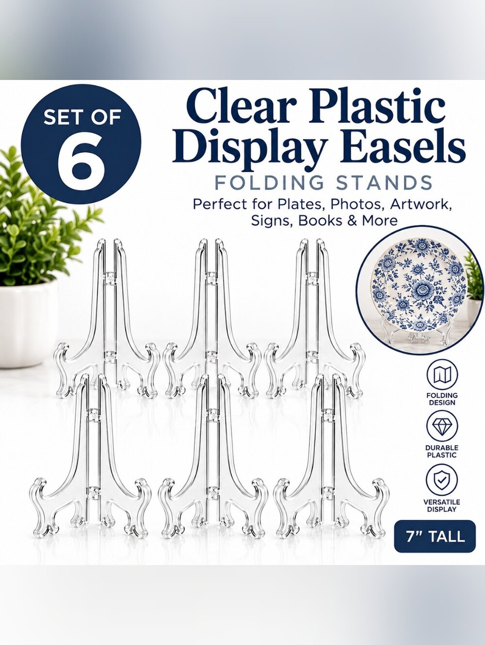 Set of 6 Clear Plastic Folding Display Easels 7"